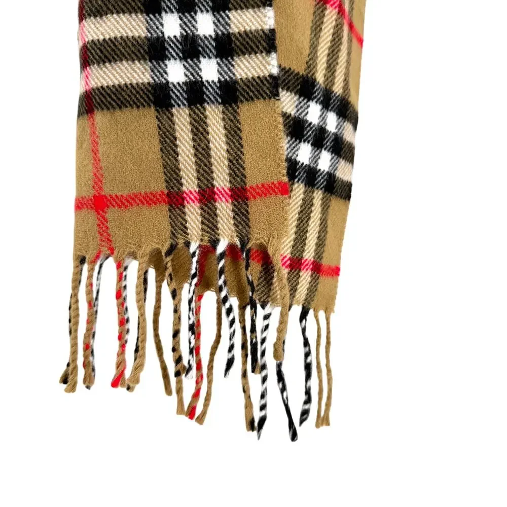 Vintage 90s Tan Red Tartan Wool Cashmere Winter Scarf